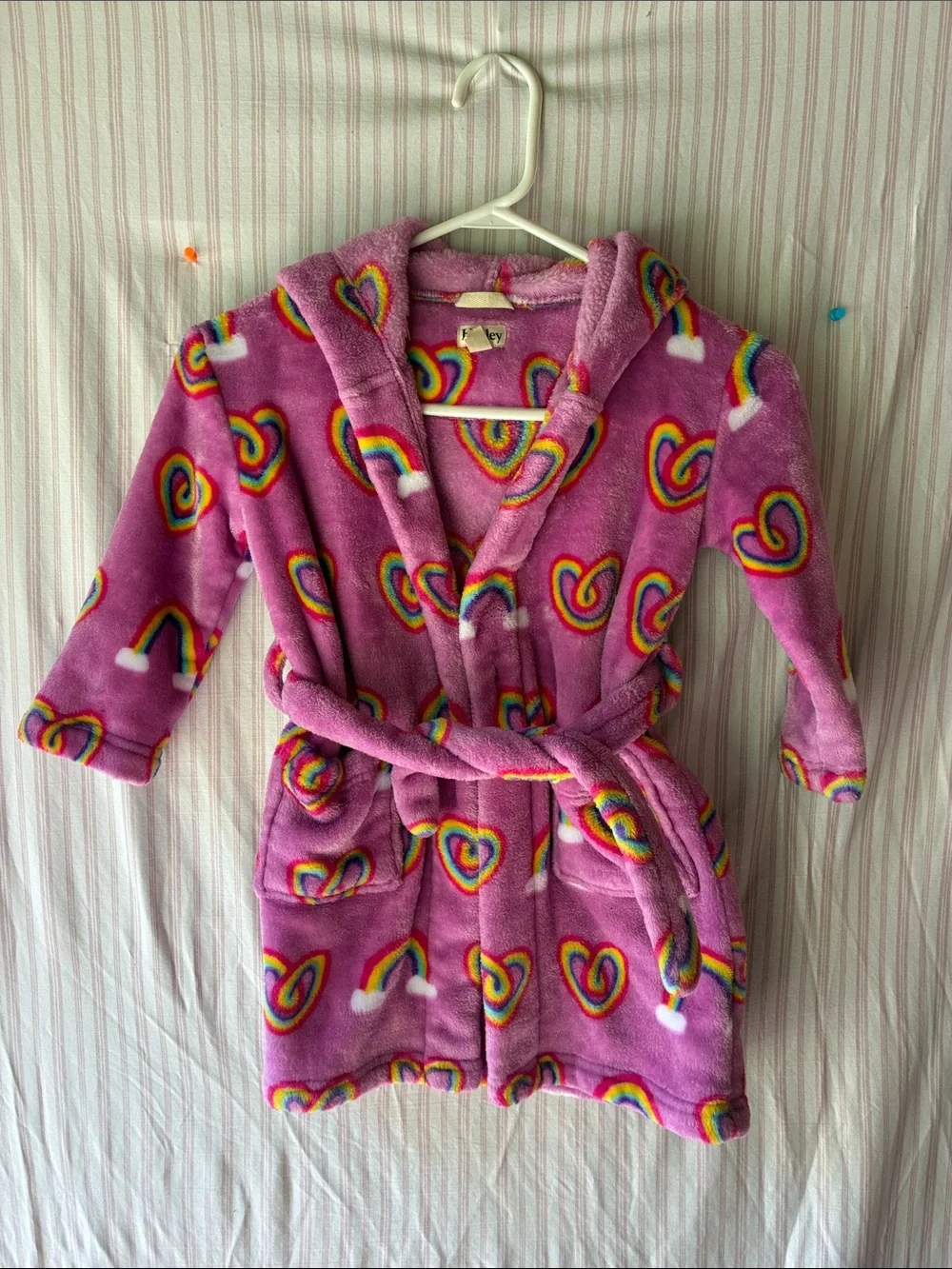 Hatley Pink Plush Hooded Robe with Rainbow Heart Motif